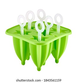 Green Silicone Form Isolated On White Background. Ice Pop Mold, Popsicle, Bakeware.