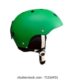 Green Ski Helmet Isolated On A White.