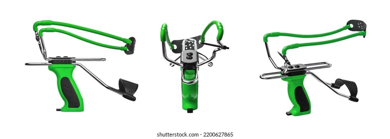 Green Slingshot Isolate On White Background. Modern Slingshot With Ergonomic Grip With Tubular Bands.