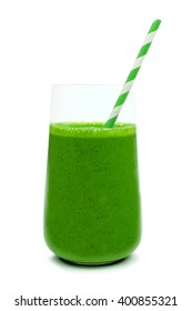 Green Smoothie In A Glass With Striped Paper Straw Isolated On A White Background