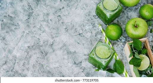 Green Smoothie In The Jar On The Wooden Background. Healthy Drink. Detox.