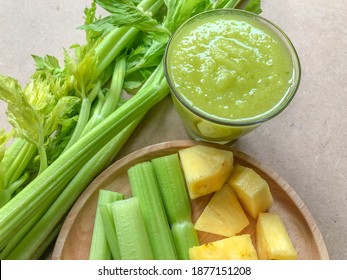 Green Smoothie Made From Celery And Pineapple, A Healthy Drink, Viewed From Up Close, Top View