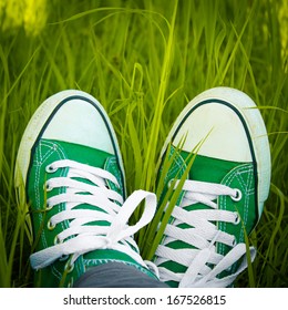 Green Sneakers In The Grass