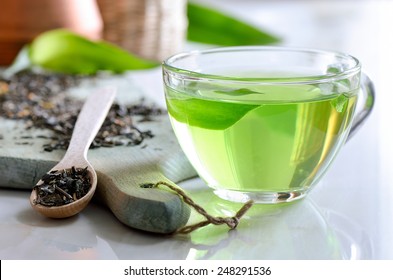 Green Spa Tea In A Glass Cup, Detox And Relaxing Warm Drink