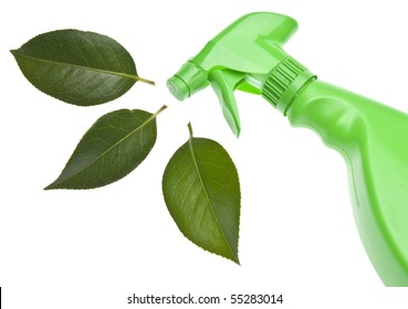 Green Spray Bottle With Leaf Spray For Environmentally Friendly Natural Cleaning Concepts.  Isolated On White With A Clipping Path.