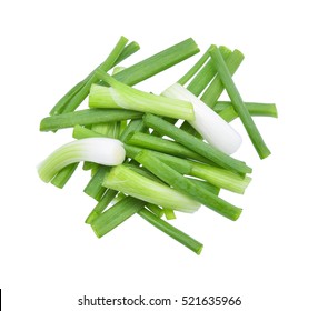 Green Spring Onion, Chopped Spring Onion Isolated On White Background, Top View.