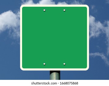 green square aluminum road or highway sign. blank metal board. round steel pole. fastening bolts. background and base for graphic design or billboard. narrow white border. blue sky. empty street sign - Powered by Shutterstock