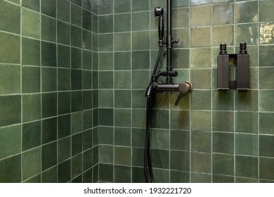 Green Square Bathroom Tile And Black Shower Plumbing. Bathroom Shower Design. Dispensers For Liquid On The Wall.