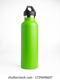 Green Stainless Steel Thermos Bottle On White Background For Mockup