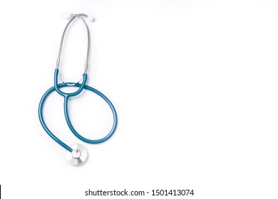 Green stethoscope  object doctor equipment  isolated white background  Medical design concept  cut out  clipping path  top view  studio shot 