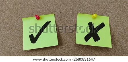 Green Sticky Note with Check Mark and Cross Symbol – Concept of Yes or No, Right or Wrong, Decision Making, Approval, Rejection, Choice and Evaluation.