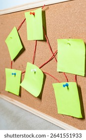 Green sticky notes connected with red thread on pink cork board for brainstorming and planning