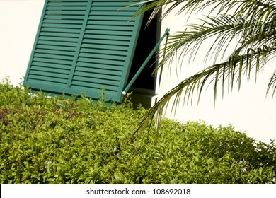 A green storm shutter protecting a window propped open on a home in Florida.