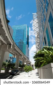 The Green Street With Monorail Above It In Miami Downtown (Florida).