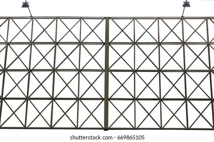 Green Structure Steel Of Billboard Frame With Spotlights For Rent. Isolated On White Background