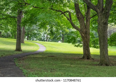 A Green Summer Landscape With Park Path In Morristown New Jersey.