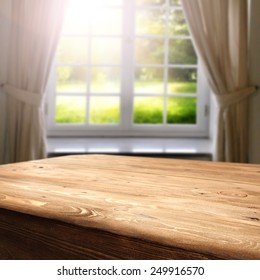 Green Sunny View Of Garden In Window And Desk 