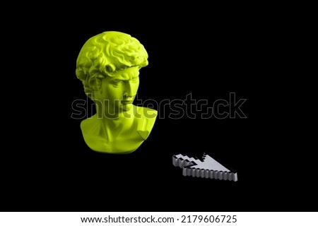 Green surreal head of David statue and mouse cursor on black background. Minimal trend vaporwave concept.