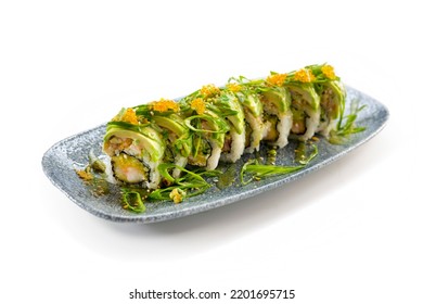 Green Sushi. Shrimp Tempura Sushi, Avocado, And Caviar. Dish On A White Background