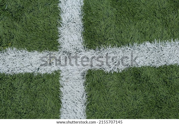 Green synthetic grass sports field with\
white line shot from above. Sports background for product display,\
banner, or mockup. High quality\
photo