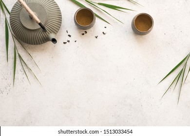 Green Tea Composition With Bamboo Leaves. Chinese Traditional Tea Set, Tea Ceremony Concept, Top View, Copy Space.