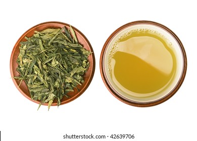 Green Tea Cup With Leafs, Top View