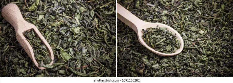 Green Tea Dry Leaves On Wooden Spoon Background.