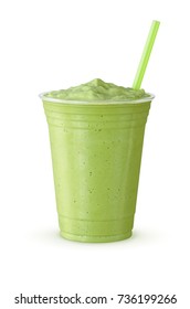 Green Tea Frappe: Blended Drink (Made With Japanese Matcha Powder, Ice, Sugar, And Regular Or Non-Dairy Milk) In A Plastic Cup On White Background