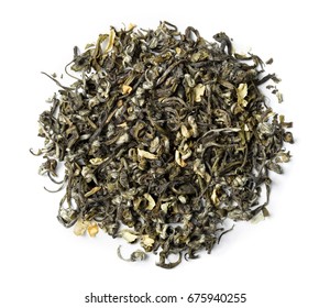 Green tea with jasmine on white background. Top view. Close up. High resolution