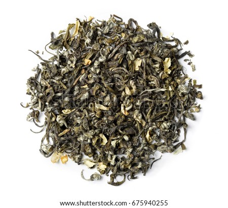 Green tea with jasmine on white background. Top view. Close up. High resolution