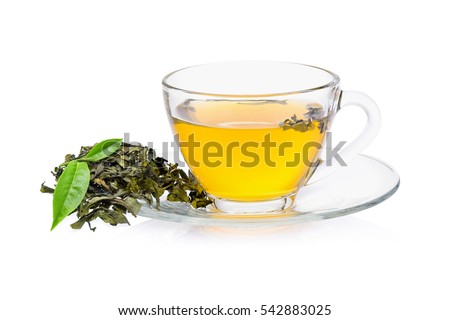 green tea leaf with a glass of tea on white background