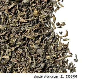 Green tea leaves on white background. Top view. Close up. High resolution
