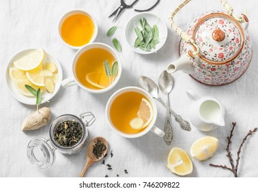 Green Tea With Lemon, Ginger, Sage On A Light Background, Top View. Healthy Detox Drink. Tea Ceremony 