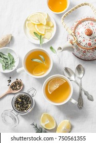 Green Tea With Lemon, Ginger, Sage On A Light Background, Top View. Healthy Detox Drink. Flat Lay