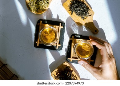 Green tea natural light background. op view. Daylight. Top view. - Shutterstock ID 2207894973