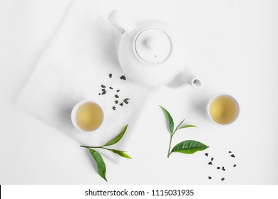 Green Tea In White Cup White Background Aroma
