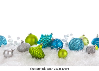 Green And Teal Christmas Ornaments Isolated On White