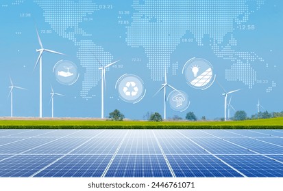 green technology concept.Solar Panels and Wind Turbines and a world map in the background. Renewable Energy Concept Energy supply, distribution of energy, sustainable energy transmission. - Powered by Shutterstock