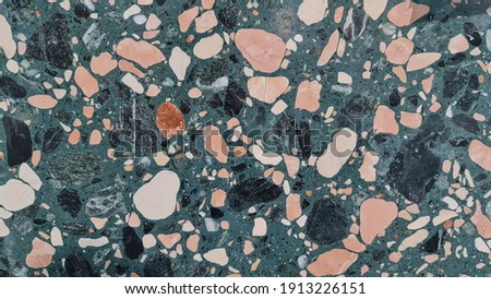 Green Terrazzo seamless pattern. Surface texture of decorative granite mosaic. Green marble tiles. Stone floor texture.