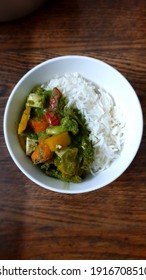 Green Thai Curry With Brocolli, Red And Yellow Peppers And Tofu With Jasmine White Rice