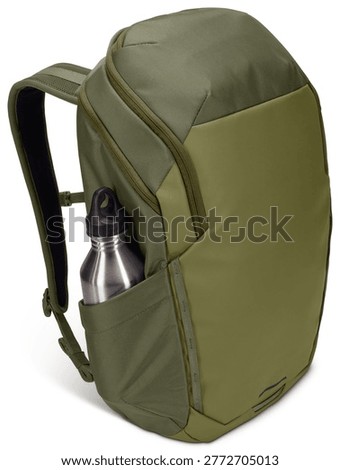 A green Thule Chasm 26L backpack with black padded shoulder straps, sternum strap, hip belt, and hardware. include a handle, main compartment with zippered closure, and mesh side pockets.......