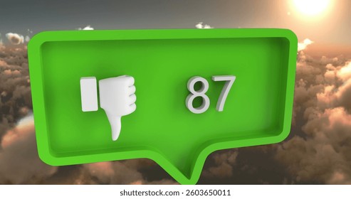 Green thumbs-down icon with number 87 floating above clouds at sunset. Symbol, digital, statistic, dislike, networking, concept