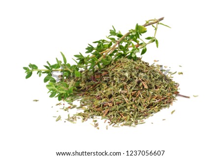 green thyme with dried thyme leaves isolated on white background close up