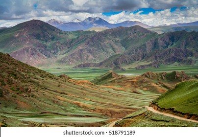 Green Tibetan Landscape On The Road From Saga, Central Tibet