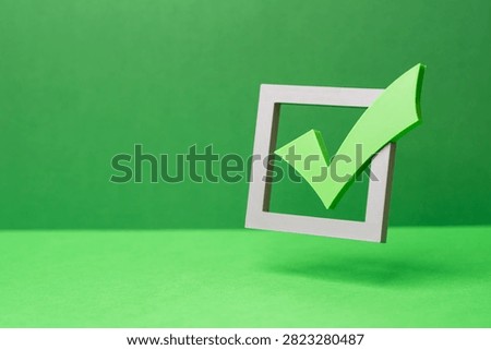 Green tick checkmark for voting in elections. Checkbox. To-do list. Passed the test, completed the task. Minimalistic business sweet. Receiving permission and confirmation. Approval completion