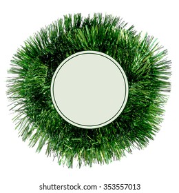 Green Tinsel Circle, Garland, Isolated On White. With Copy Space. Festive, Christmas Background Or Object.