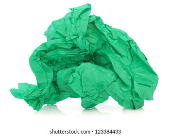 Green Tissue Paper In A Crumpled Up Ball Over White Background.