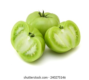 Green Tomato And Slice On White 