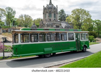 Green Tourist Bus And Historical Chapel At Green-Wood Cemetery, Brooklyn, New York, Spring 2017, Warren And Wetmore Architects, One Of The Most Beautiful Places In New York, National Historic Landmark