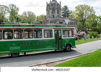 Green Tourist Bus And Historical Chapel At Green-Wood Cemetery, Brooklyn, New York, Spring 2017, Warren And Wetmore Architects, One Of The Most Beautiful Places In New York, National Historic Landmark